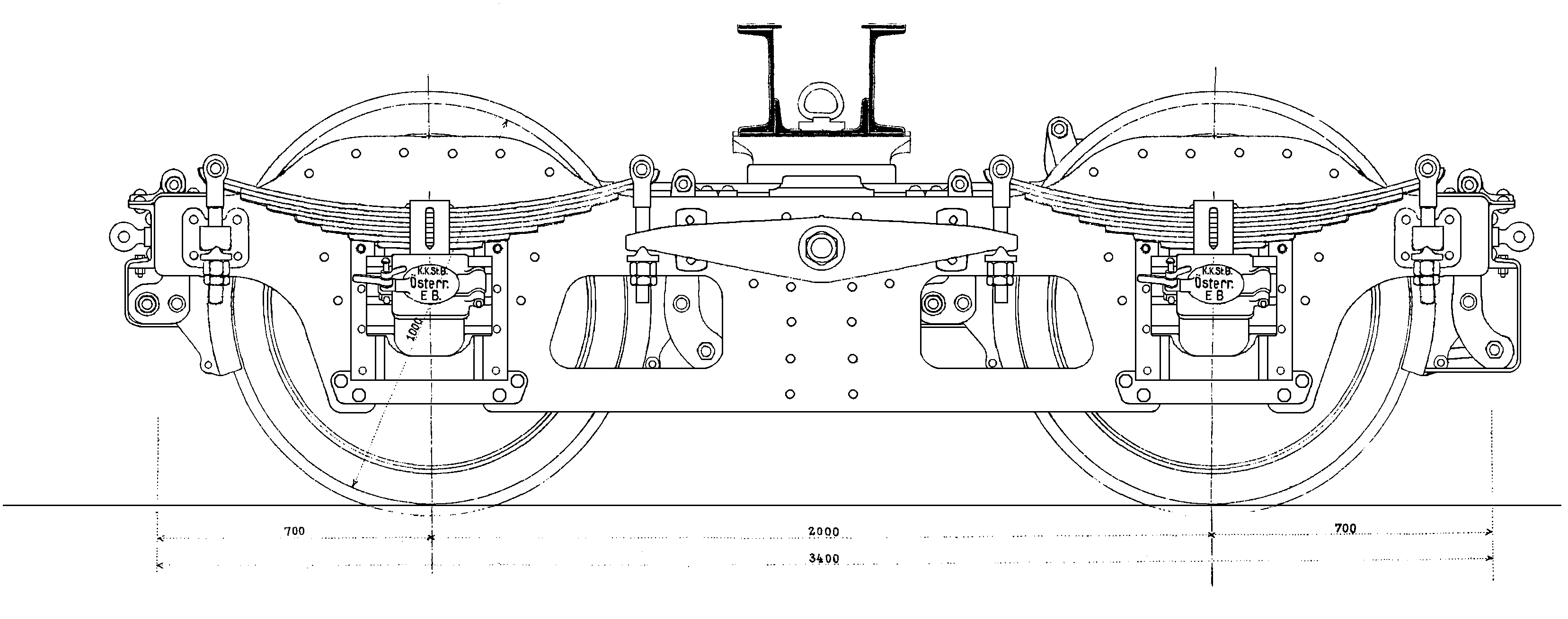 Skizze Pressblech-Drehgestell, genietet mit Ausgleichshebeln, Österreich 1910, nach Blatt VII g