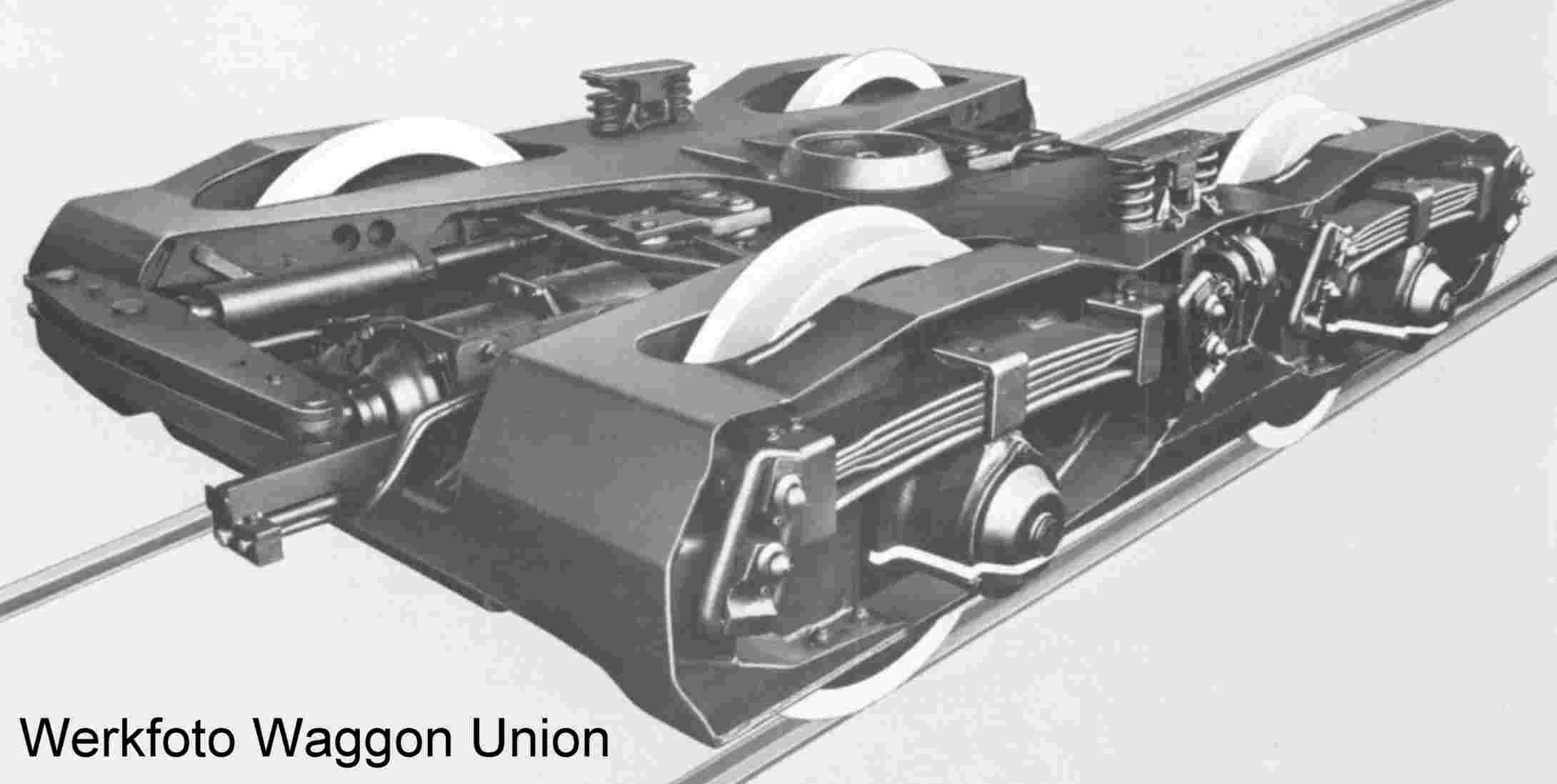 Drehgestell entsprechend Bauart 665, mit integrierter Bremsanlage, Wiegeventil und Reibungsklammern; Werkfoto Waggon Union