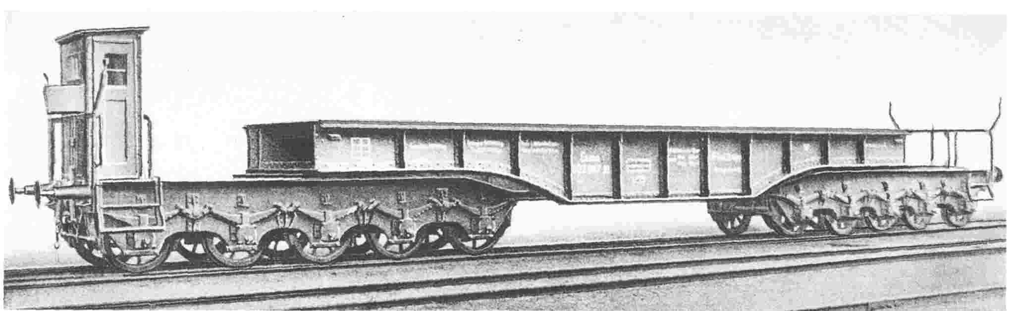 10-achsiger Tiefladewagen mit Blech und Winkel-Drehgestell, Essen 602 887 P, Werkfoto: Krupp